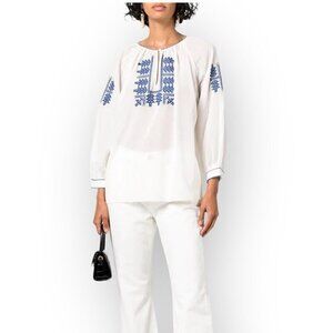 Nili Lotan Ivory Blouse with Navy Embroidery